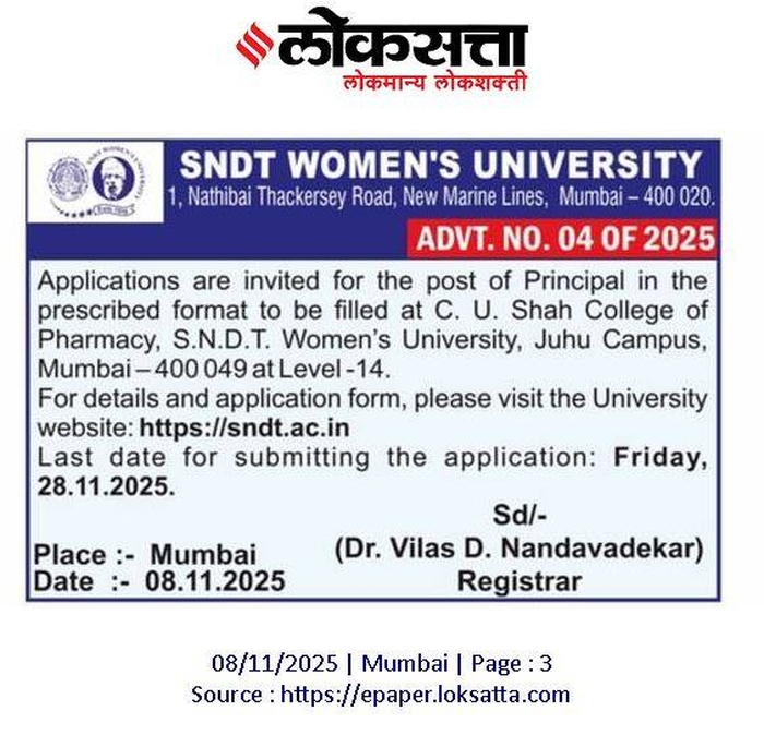 Application for the post of Principal, C. U. Shah College of Pharmacy